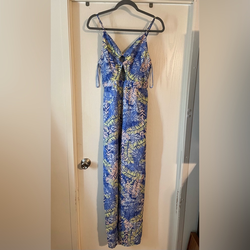 Blue Tropical Print Wide-Leg Jumpsuit - Picture 2 of 11
